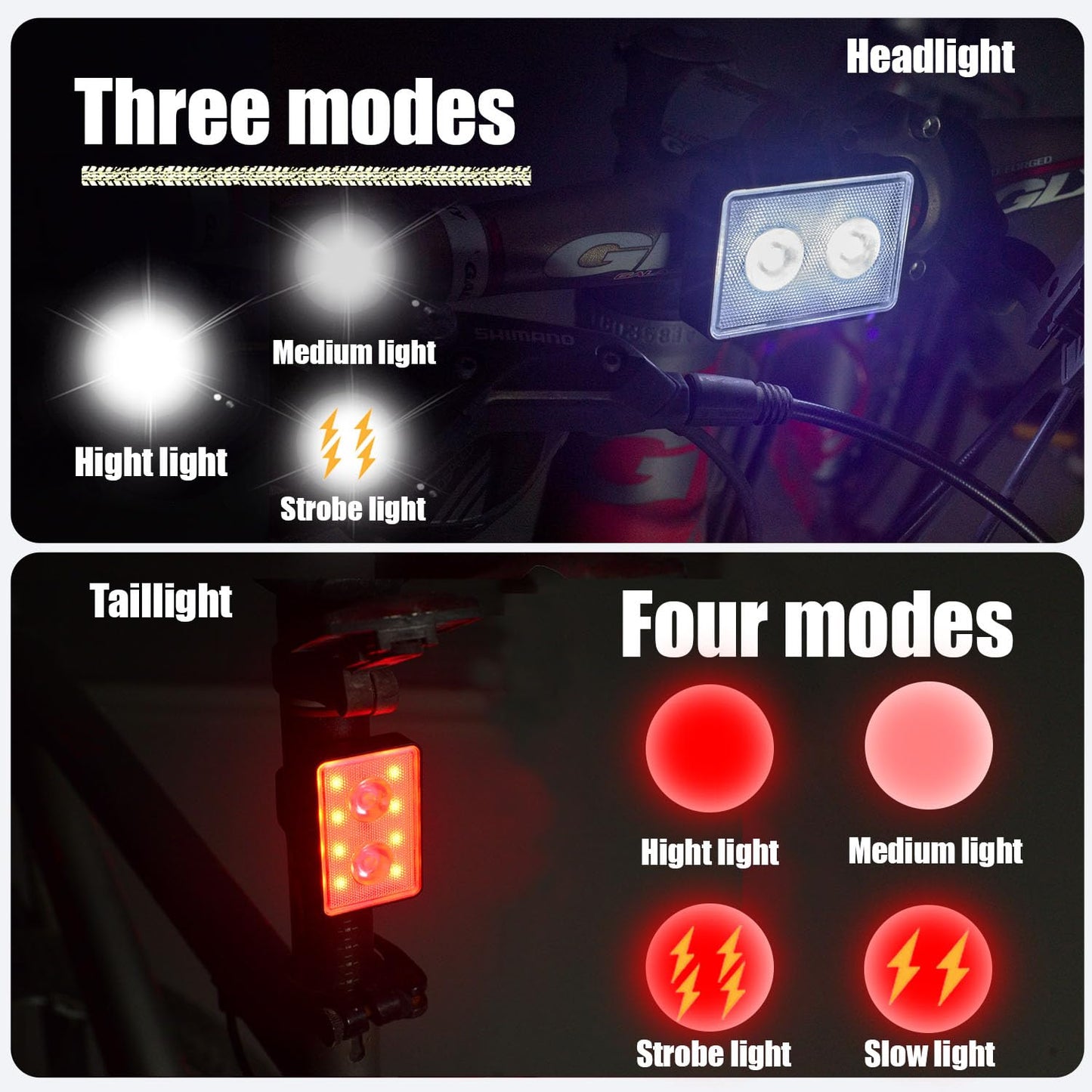 Bicycle Light for Night Riding, SUPPENGUIN USB Rechargeable, Front and Back, 3+4 Modes, Headlight and Taillight Set, IP44 Waterproof (Black, 2 Pack)