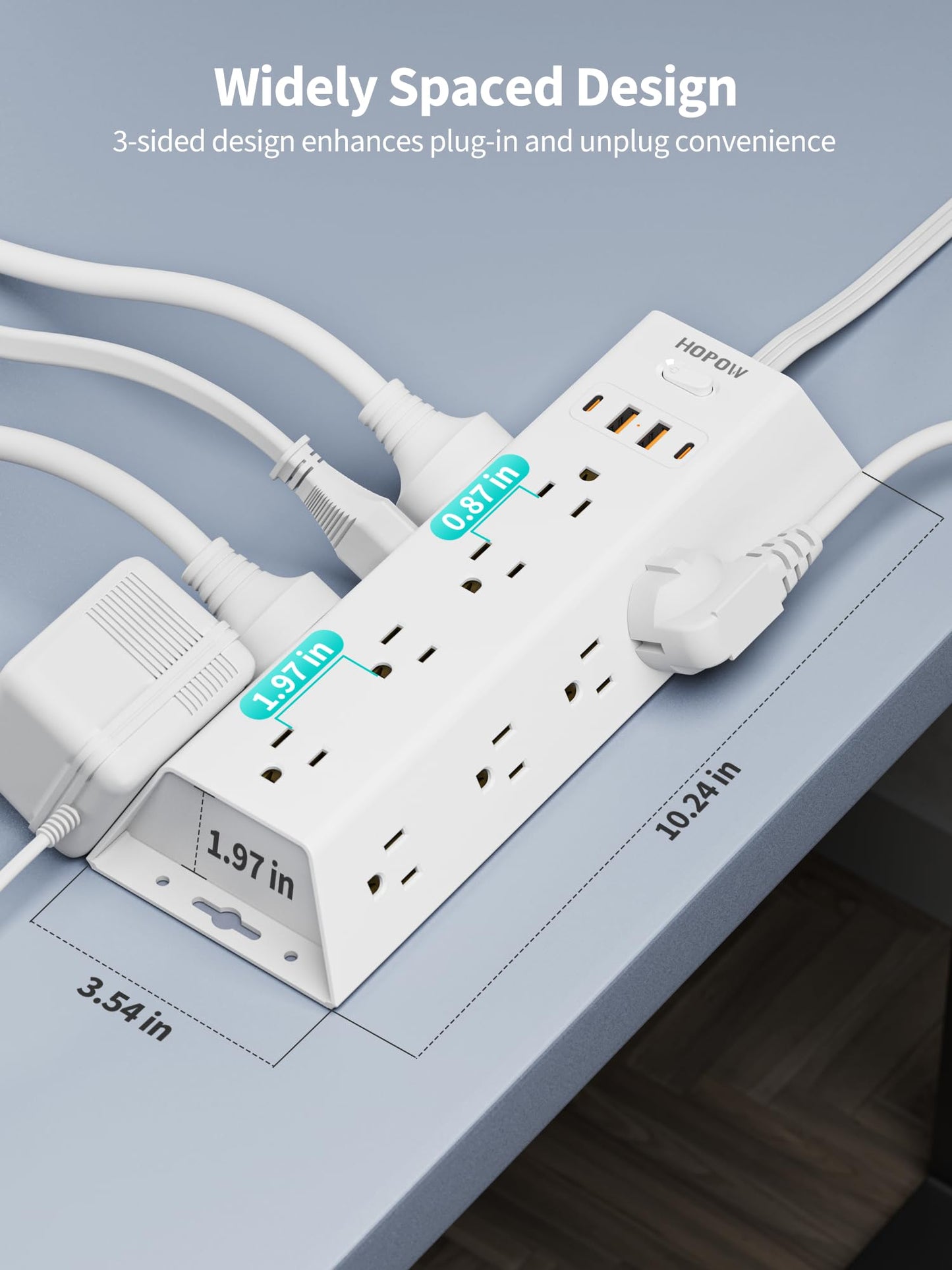 HOPOW Surge Protector Power Strip, 5FT Extension Cord with 12 AC Outlets & 4 USB Ports (2 USB C), Wall Mount, Flat Plug Charging Station, 1700 Joules Surge Protector for Home Office, White