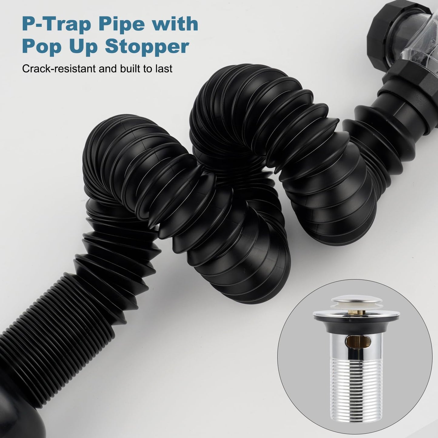 iFealClear Bathroom Sink Drain Kit, Flexible P-Trap Drain Pipe with Pop Up Stopper, Expandable Bathroom Sink Pipe Replacement with 2 Adapters, Fits 1-1/4'', 1-1/2'', 2" Holes, Hair Catcher, Chrome