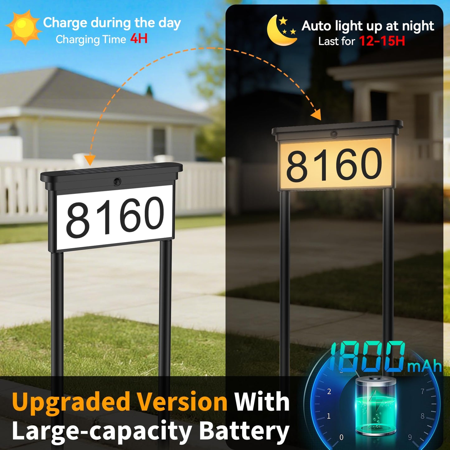 LumiZen Upgraded Solar Address Sign, House Numbers for Outside Double Side, 12-Color Modes Lighting Address Plaque Outdoor Waterproof, Illuminated LED Address Numbers with Stakes for Yard Home Mailbox