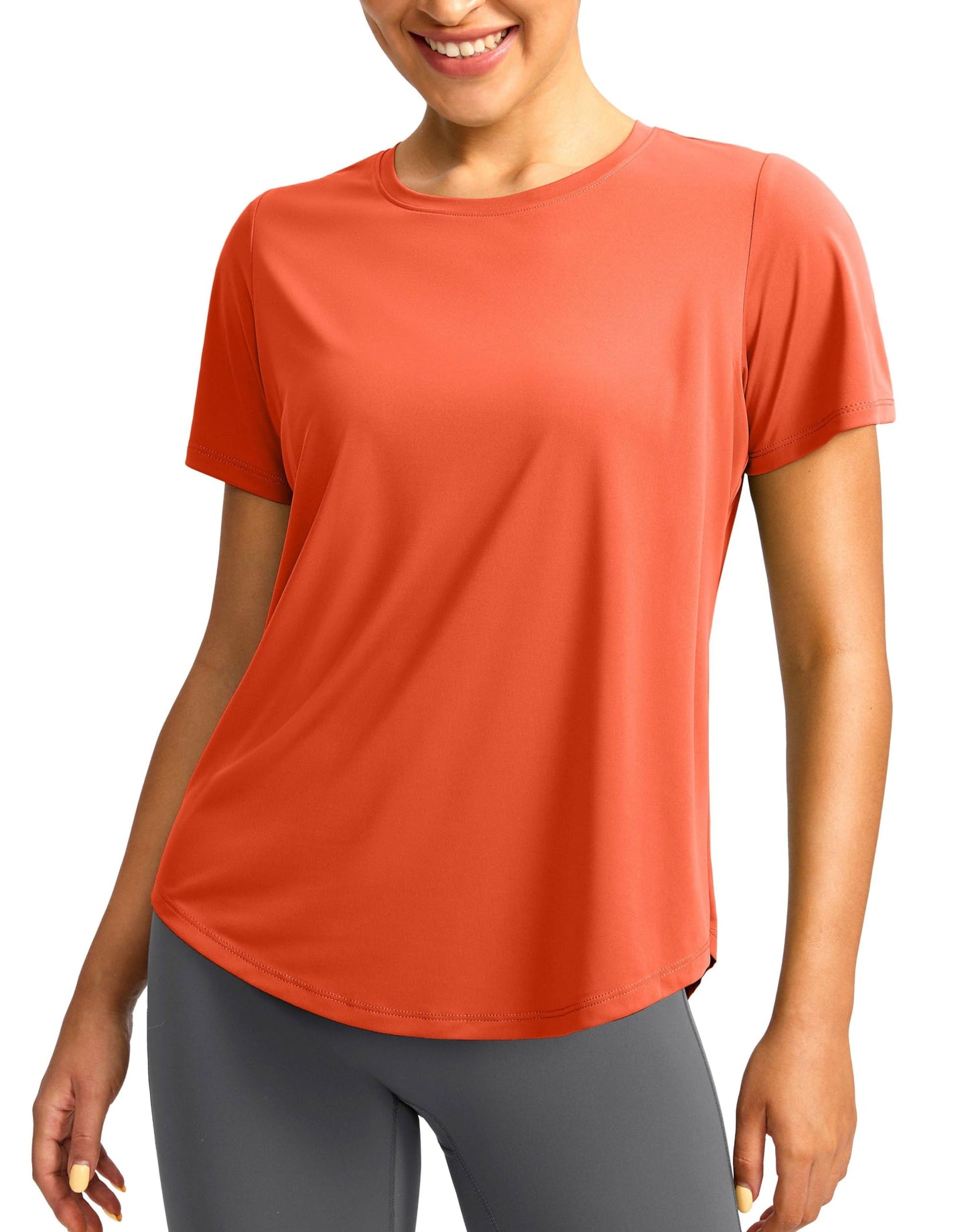 Women's Short Sleeve Workout Shirts Breathable UPF 50+ Sun Protection T-Shirts Quick Dry Gym Running Hiking Tops (Orange-red, L)