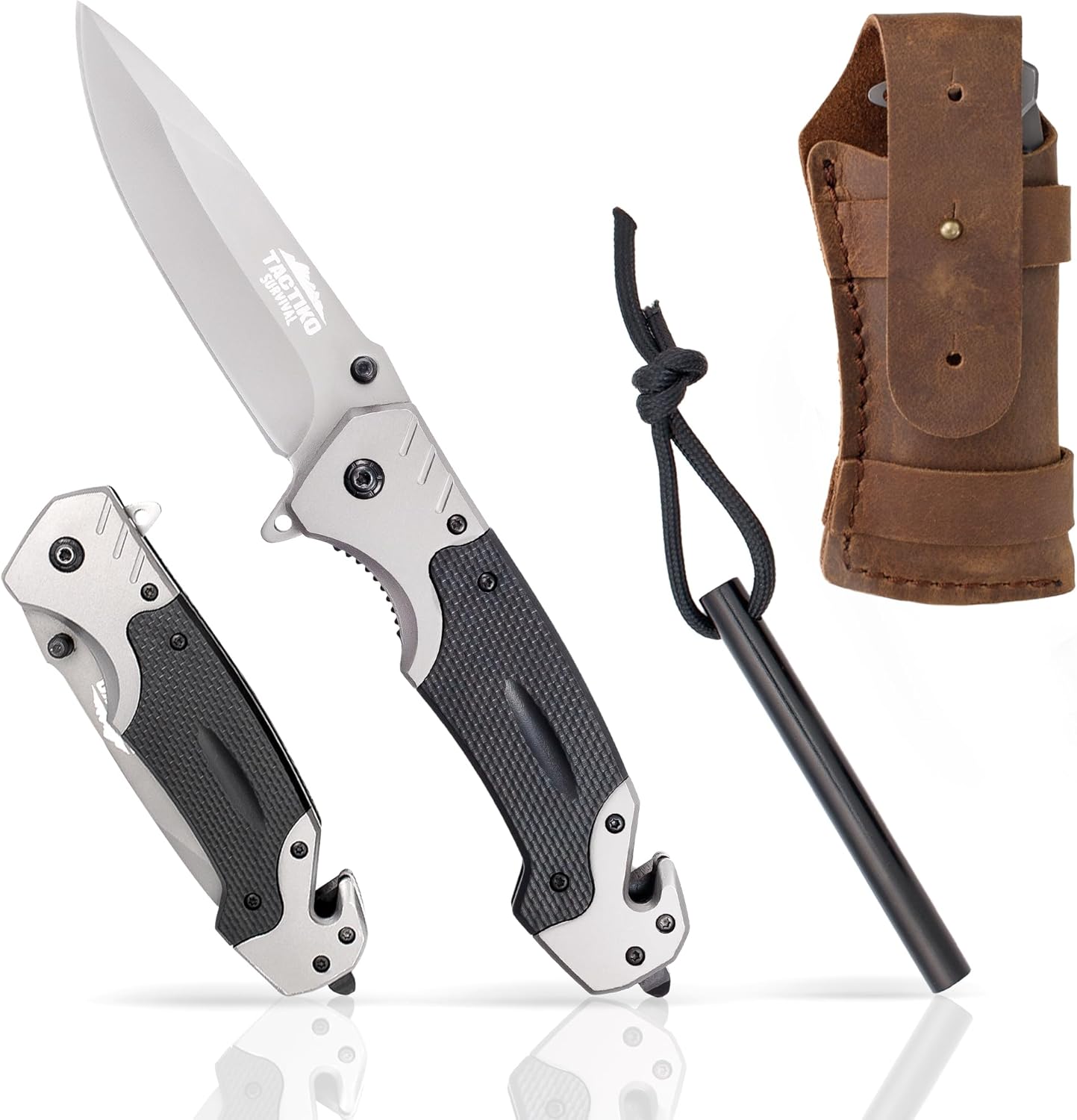 Tactiko 4-in-1 Folding Pocket Knife - Emergency Seatbelt Cutter, Glass Breaker & Fire Starter | EDC Tool for Camping & Hiking (Brown)