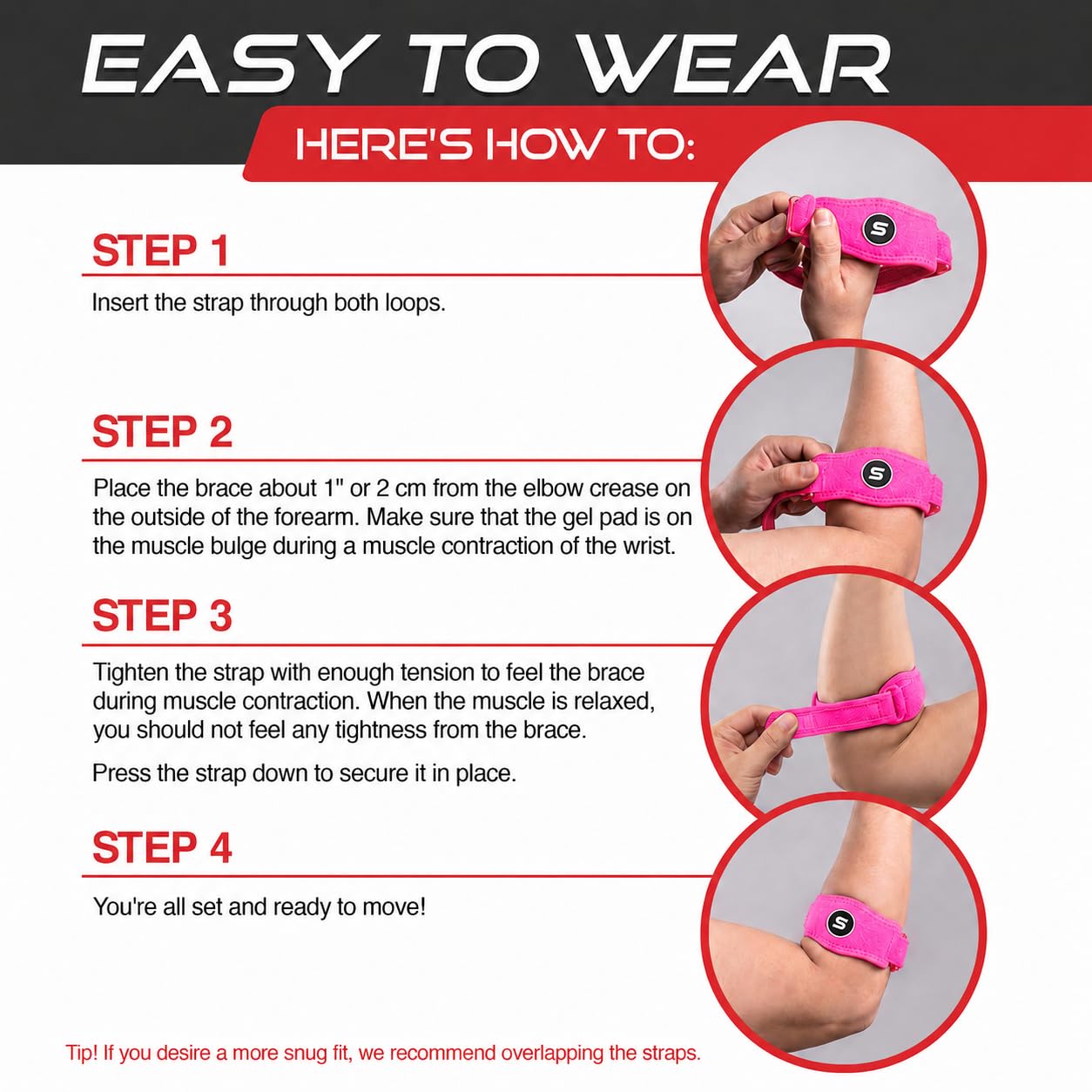 Sleeve Stars Tennis Elbow Brace for Men & Women, Elbow Brace for Tendonitis, Tennis Elbow Strap, Golfers Elbow Brace, Elbow Support Wrap for Tennis Elbow Relief, Fits 9"-23" (Pair/Hot Pink)