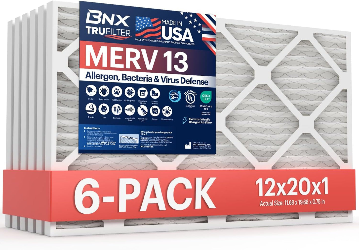 BNX TruFilter 12x12x1 MERV 8 Air Filters (6-Pack) - USA-Made Dust & Pet Defense for HVAC