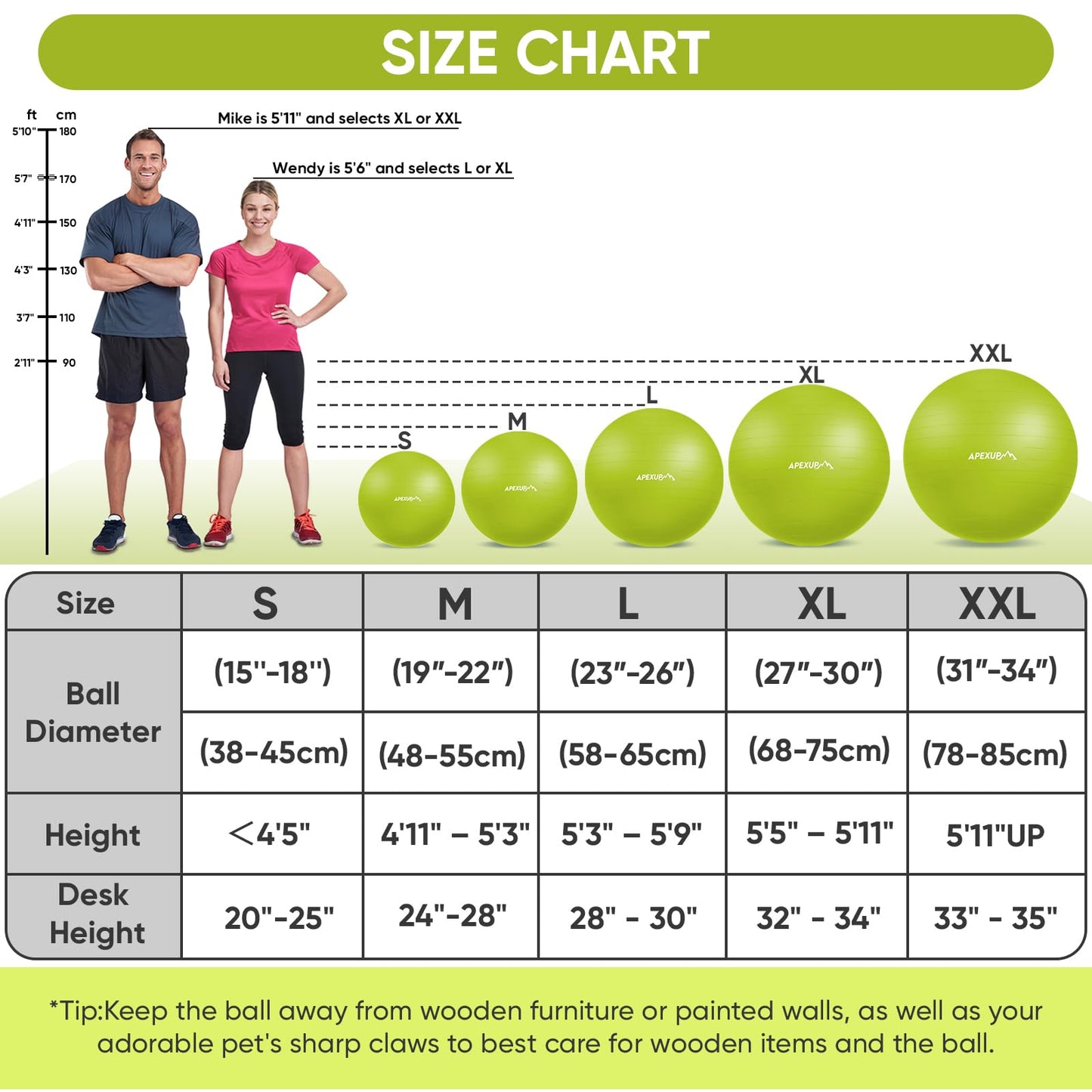 APEXUP Yoga Ball, 660 lbs Anti-Burst Exercise Ball with Pump, 5 Sizes (L (23"~26") 65cm, Green)