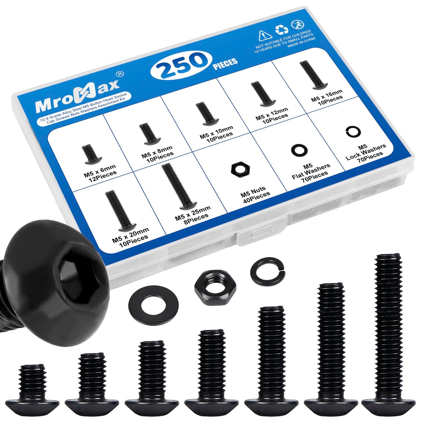 250 Pieces M5 Screws Nuts Washers Set Black, M5 x 6/8/10/12/16/20/25mm Button Head Socket Cap Screws Nuts Washers Assortment Kit, 10.9 Grade Alloy Steel, Fully Threaded
