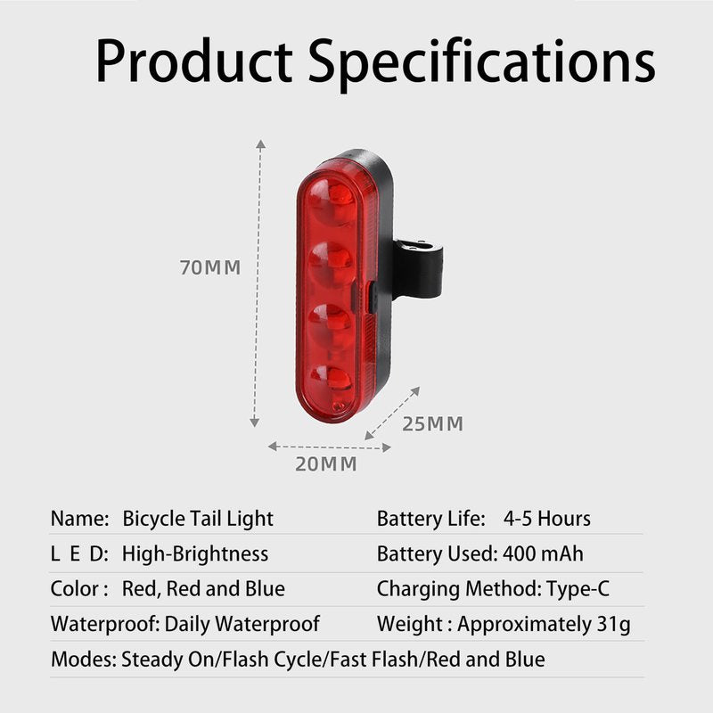 HX Bike Lights for Night Riding, USB-C Rechargeable LED Bike Tail Lights, Bright Bicycle Rear, 4 Light Modes, Waterproof, Easy to Install, for Adults Kids Men Women Road Mountain (USB Cables Included)