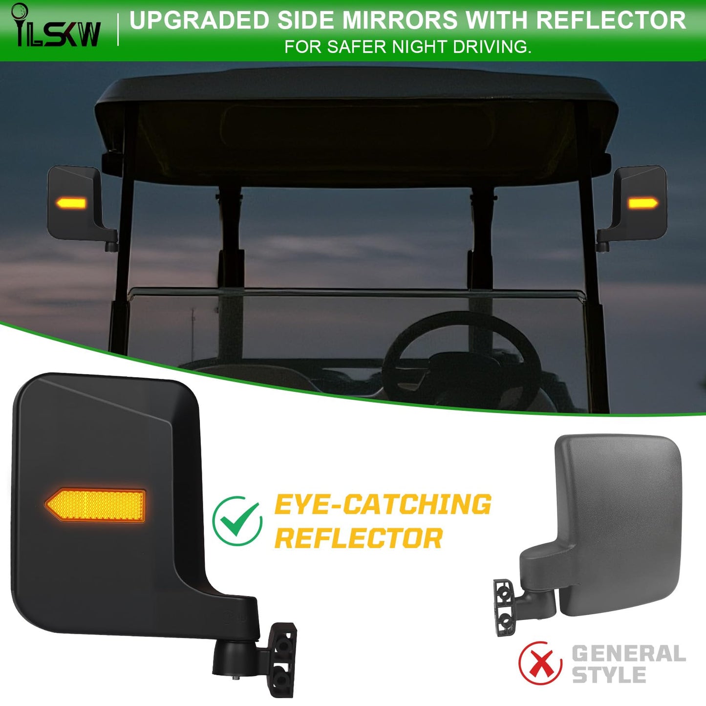 No Drilling Golf Cart Side Mirrors with Built-In Reflector, Universal Rear View Mirrors for 0.75"/1"/1.25" Square Strut Fits Ezgo,Club car,Yamaha Cart with 180 Degree Rotation HD Glass