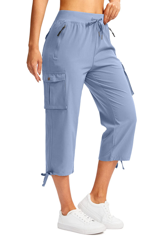 Soothfeel Women's Cargo Capris Pants with 6 Pockets Lightweight Quick Dry Travel Hiking Summer Pants for Women Casual (Stone Blue, M)