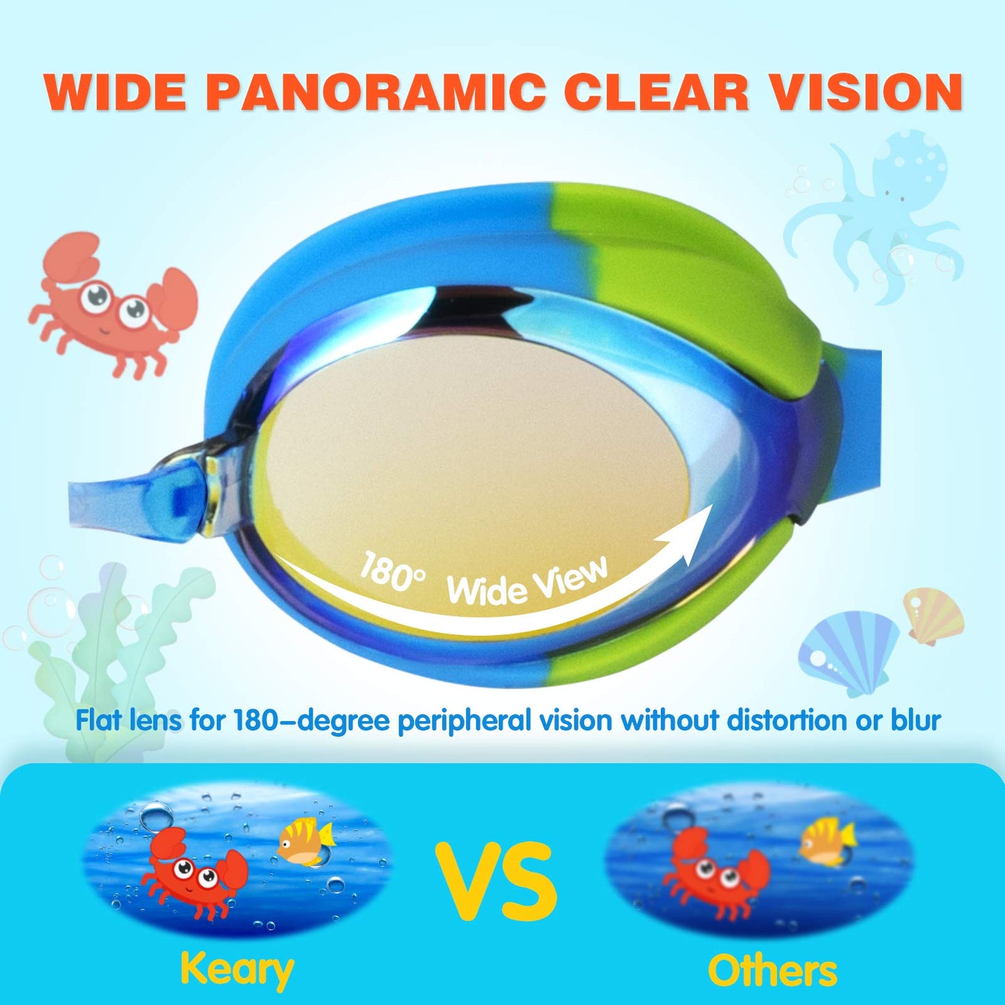 Keary 2 Pack Kids Swim Goggles Swimming Goggles for Toddler Children Girls Boys Youth, Anti-Fog Waterproof UV Protection No Glare Clear Vision Mirrored Flat Lens Water Pool Goggles with 3 Nose Pieces