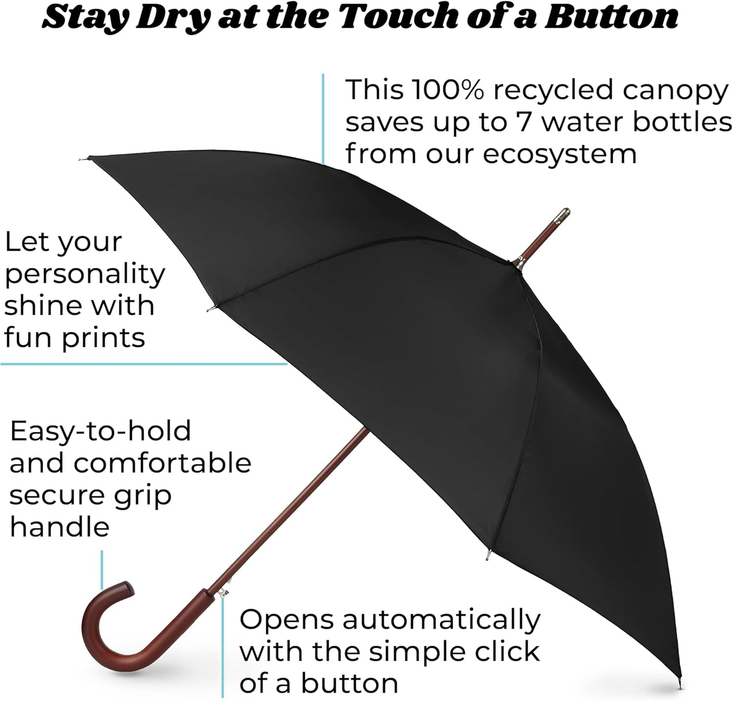 Totes Auto Open Umbrella - Water-Repellent Design with Classic Wood J Hook Handle