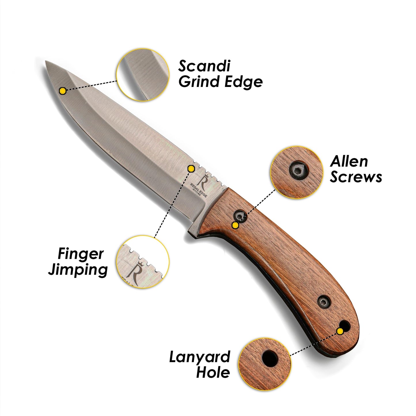 Bushcraft Knife - 9-Inch Scandi EDC Knife, S30V Steel And Walnut Wood Handle Full Tang Fixed Blade with Premium Leather Sheath - For Camping, Hunting, Survival and Outdoor Use - Gifts For Men