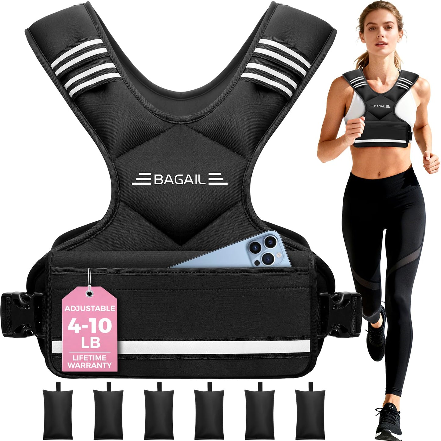BAGAIL Adjustable Weighted Vest for Women 4-10lb/12-18lb/20-32lb, Comfortable U-Neck Rucking Vest with 6 Removable Weights, Storage Pocket and Reflective Strips for Walking, Jogging, Weight Loss