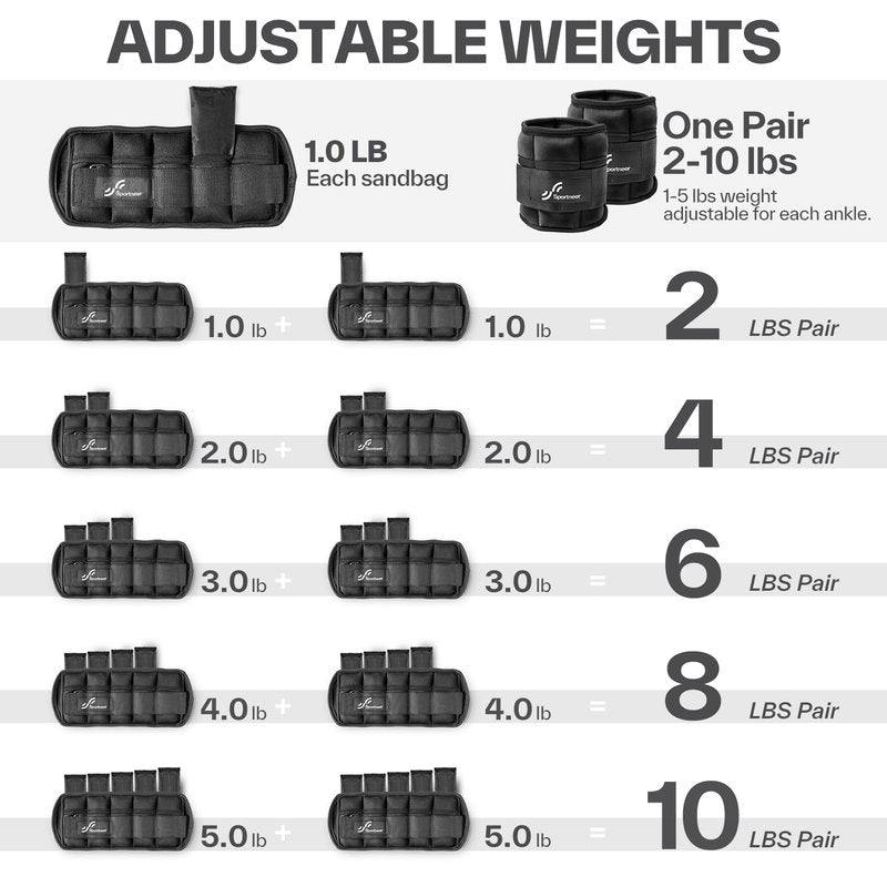 Sportneer Adjustable Ankle Weights Set - 1 Pair (2-10 lbs) Removable Sandbags for Women & Men, Comfortable Neoprene Leg Weights for Walking, Running, Pilates, Yoga, Home Workout & Physical Therapy