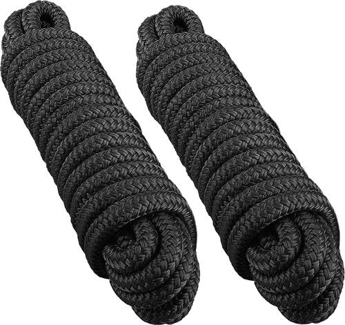 Marine-Grade Boat Dock Lines by [Brand Name] - 3/4" x 50ft Double Braided Nylon Ropes, Heavy Duty with 18" Loop - 2 Pack, Black
