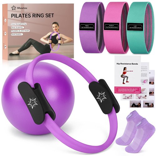 Pilates Essentials Kit for Home Women, Ring and Ball Set, Pilates Equipment for Workouts, 3 Resistance Bands, Grip Socks, 14 Inch Magic Circle, Mini Exercise Ball, Great Exercise Equipment