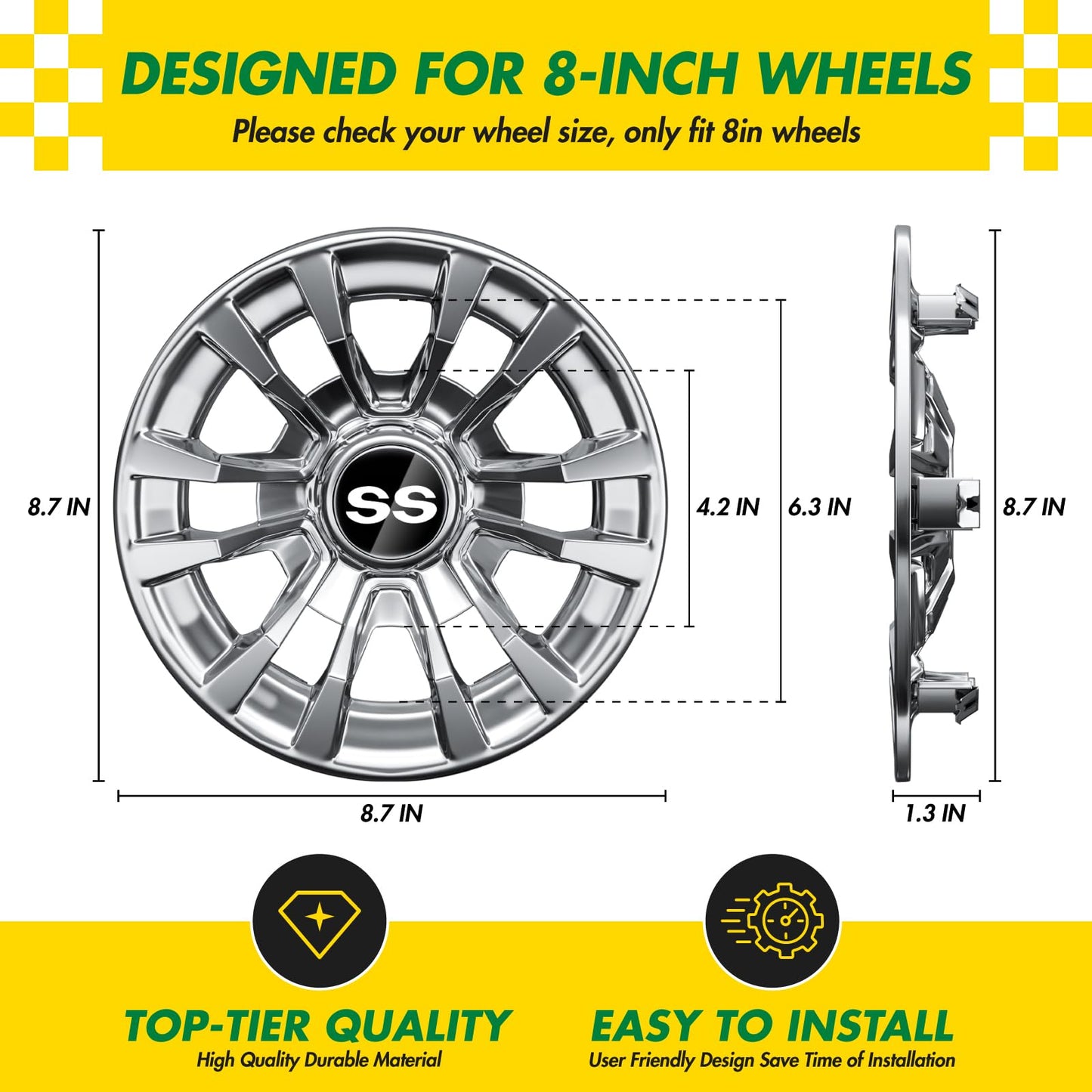 IOOBLBEI (4-Pack) Premium 8" Golf Cart Hub Caps, Hubcaps & Wheel Rim Covers, 6-Spoke Design for Club Car, EZGO, Yamaha (Excludes RXV Models) - 8 Inch Set, Abs,Steel, Acrylonitrile Butadiene Styrene