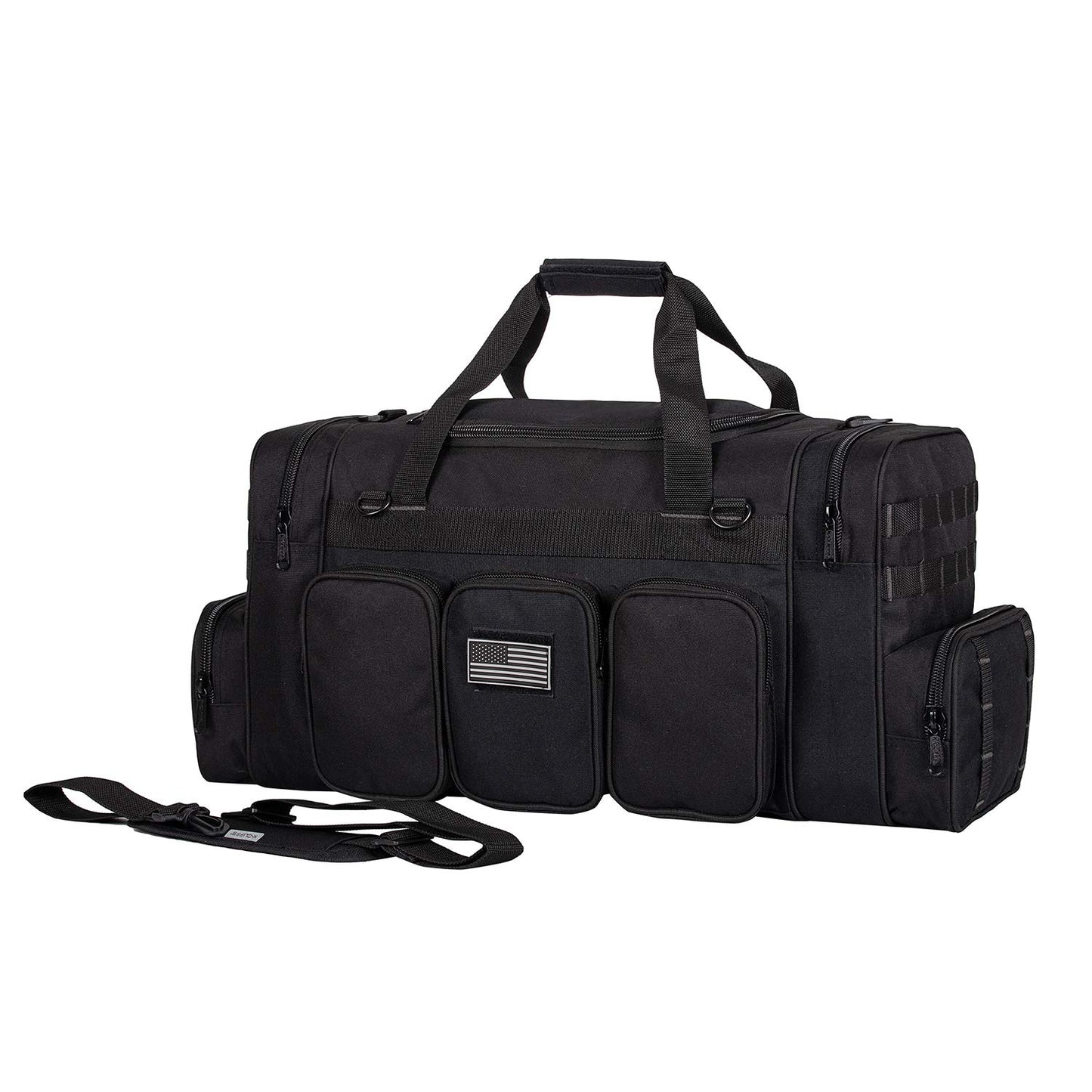 K-Cliffs Heavy Duty Tactical Range Duffel Quality Gear Travel Sports Gym Equipment Bag Military Molle Lockable Zippers with US Flag Patch 27 Inch Black