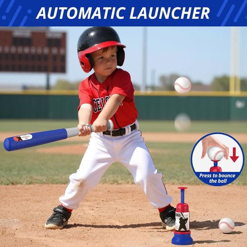 HYES 3-in-1 Baseball Set for Kids 3-5 | Adjustable Tee Ball Stand & Ball Launcher - Indoor/Outdoor Fun, Blue