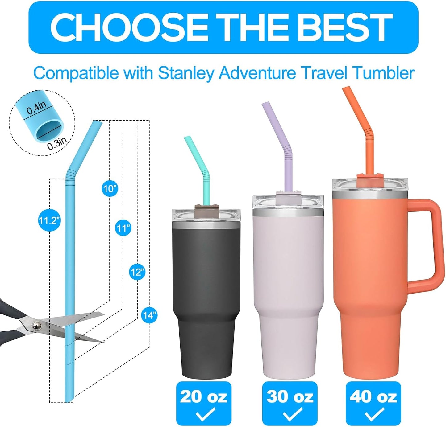 XANGNIER Extra Long Silicone Replacement Straws - 14” Pastel Color for Stanley 40 oz Cup | 6 Pack with Cleaning Brush