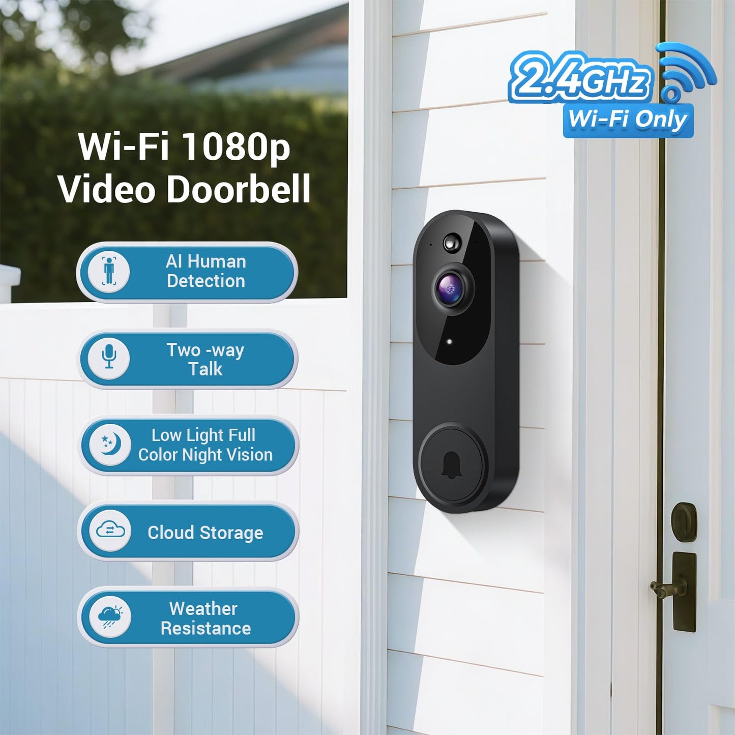 ModeJump 1080P Smart Wireless Video Doorbell Camera, Night Vision, Real-Time Alerts, AI Human Detection, Two-Way Talk, Cloud Storage, Night Vision, Battery Rechargeable(Receiver not Included)
