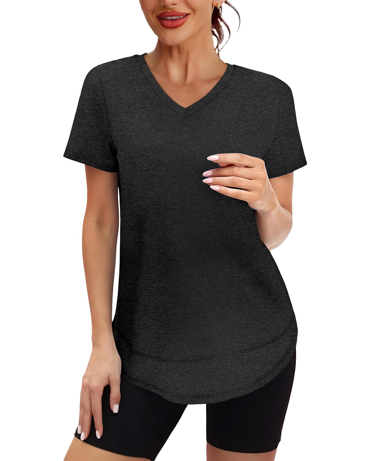 Spring Summer Tops for Women Short Sleeve Hiking Shirts Athleisure Golf Shirt Beach Fashion Curved Hem Loose Fit V Neck Black 2XL
