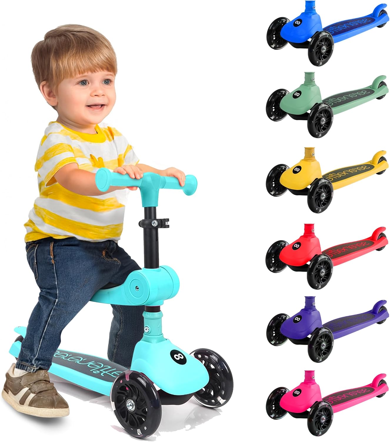 SereneLife 3-Wheel Kids Scooter - Foldable Design, LED Wheel Lights, Adjustable Handlebar | For Toddlers & Kids 3+, Up to 110 lbs