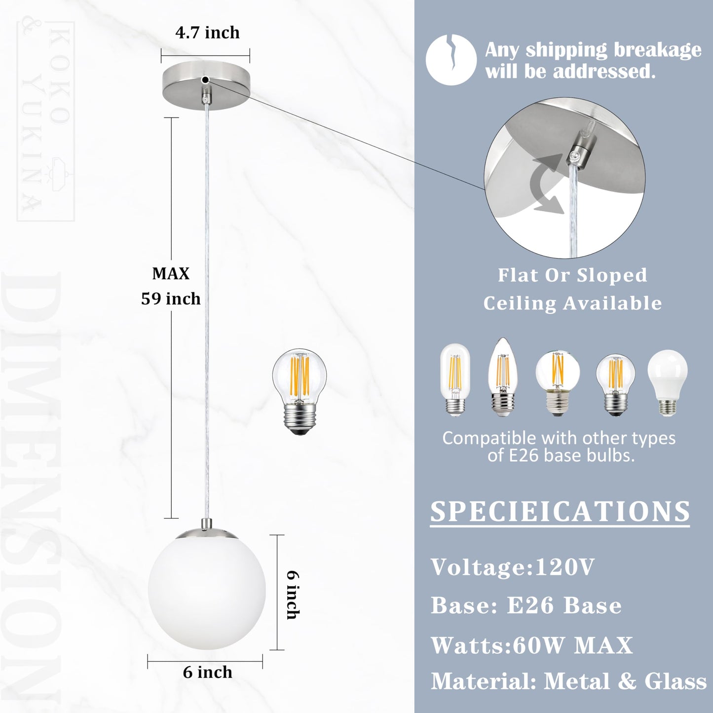 KoKo&Yukina 6 Inch Globe Pendant Light Nickel Globe Pendant Lights Kitchen Island Mid Century Light Fixture with Milky White Glass Shade for Dining Room (2 Pack)