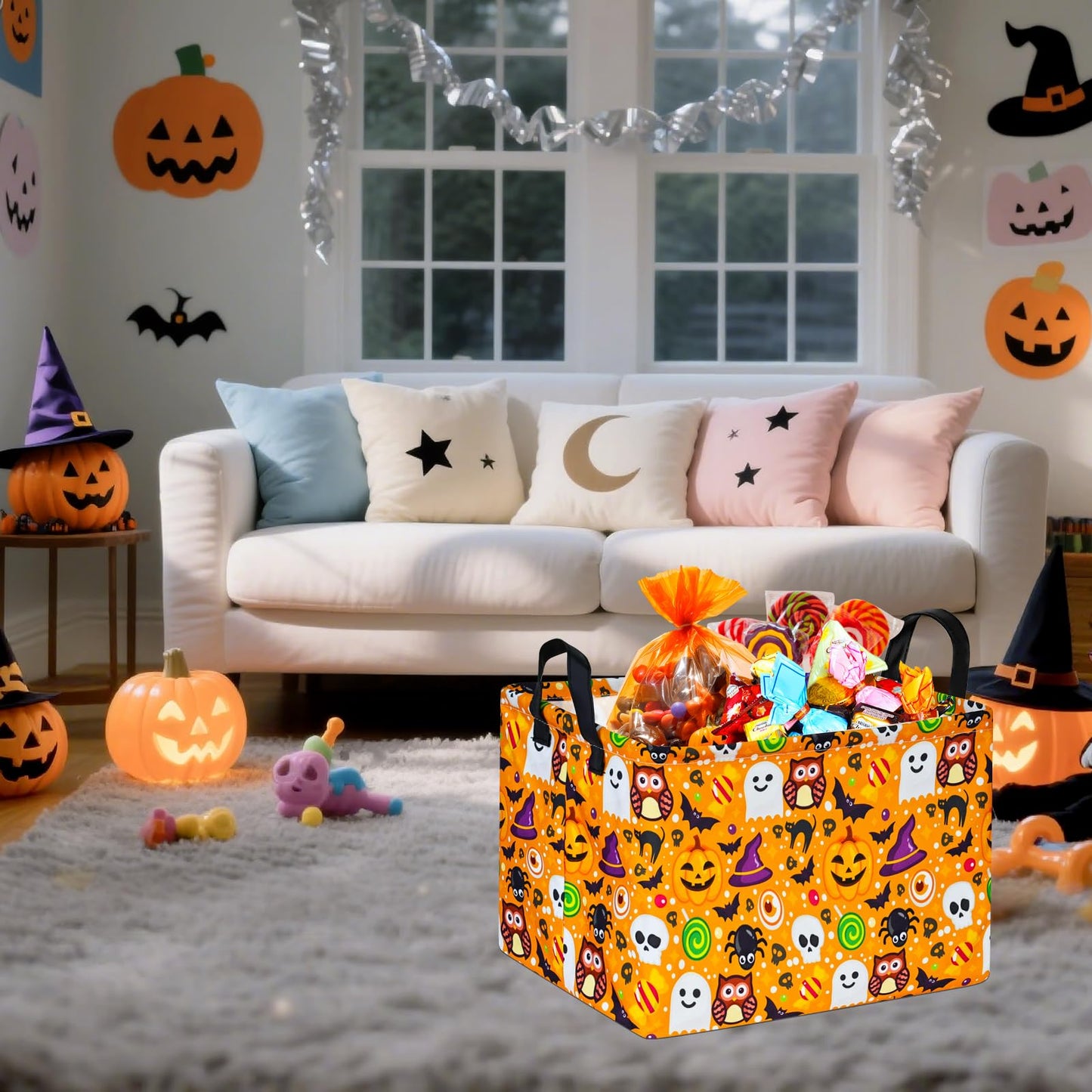 HUAYEE Happy Halloween Ghost Storage Basket Gift Laundry Bins Collapsible Storage Baskets Bins with Handles Laundry Basket Nursery Hamper for Home and Office Decoration