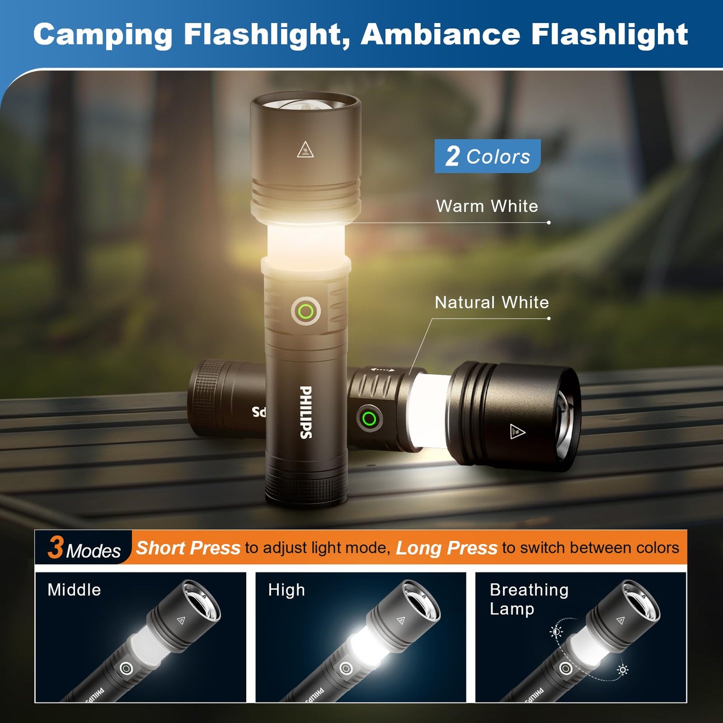 Philips Rechargeable Flashlights High Lumens with Ignition Lens,3000lm Tactical Flashlights with Camping Lamp,2 Colors Zoomable 5Modes Reverse Charging LED Bright Flashlight for Home Outdoor Gift