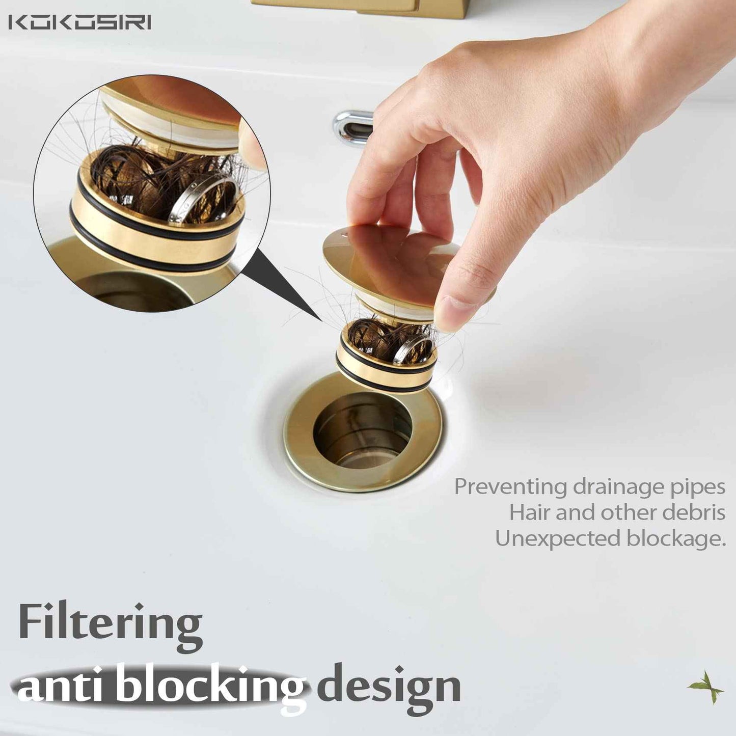 KOKOSIRI Pop Up Sink Drain with Strainer Basket, Brushed Gold Bathroom Sink Drain with Detachable Hair Catcher Anti Clogging for Vanity Vessel Sink Without Overflow, C1002BG