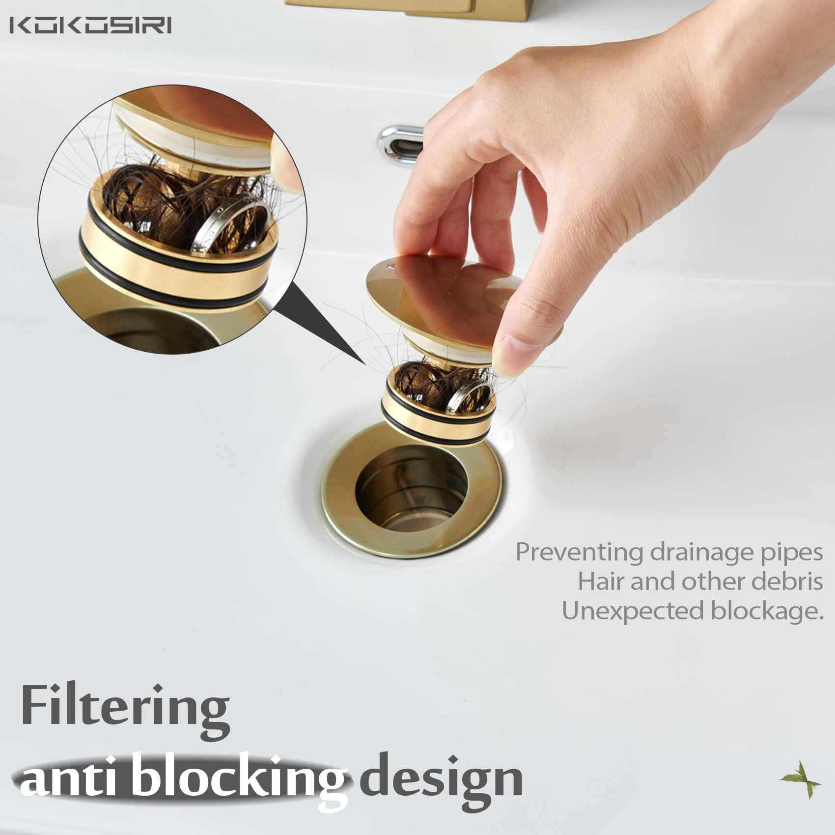 KOKOSIRI Pop Up Sink Drain with Strainer Basket, Brushed Gold Bathroom Sink Drain with Detachable Hair Catcher Anti Clogging for Vanity Vessel Sink Without Overflow, C1002BG