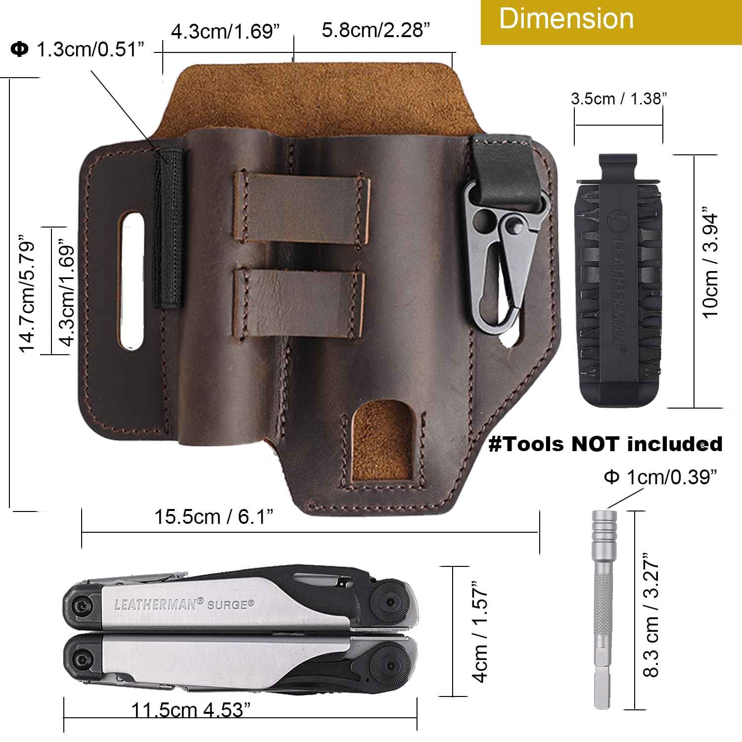 Topstache Multitool Sheath for Belt - EDC Belt Organizer - Leather Multitool Holster with Flashlight Holder, Elastic Band Pen Holder and Keychain Clip - Multitool Holder - Multitool Pouch, Darkbrown