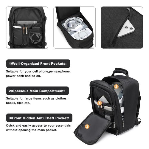 Kono Carry on Backpack, 16" Airplane Approved Under Seat Travel Backpack for Men and Women, Waterproof Lightweight Daypack for Flight 20L (Black, Small)
