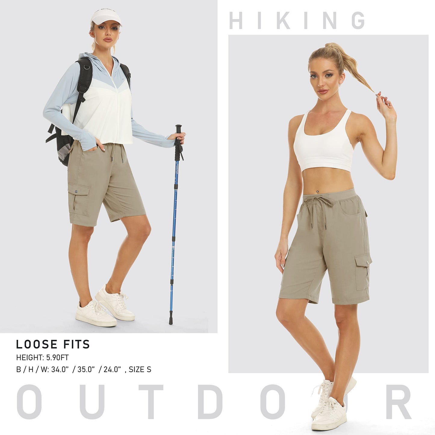 MoFiz Women's Hiking Long Shorts 10" Quick Dry Cargo Shorts for Women Lightweight Knee Length Athletic Shorts with Pockets Khaki XL