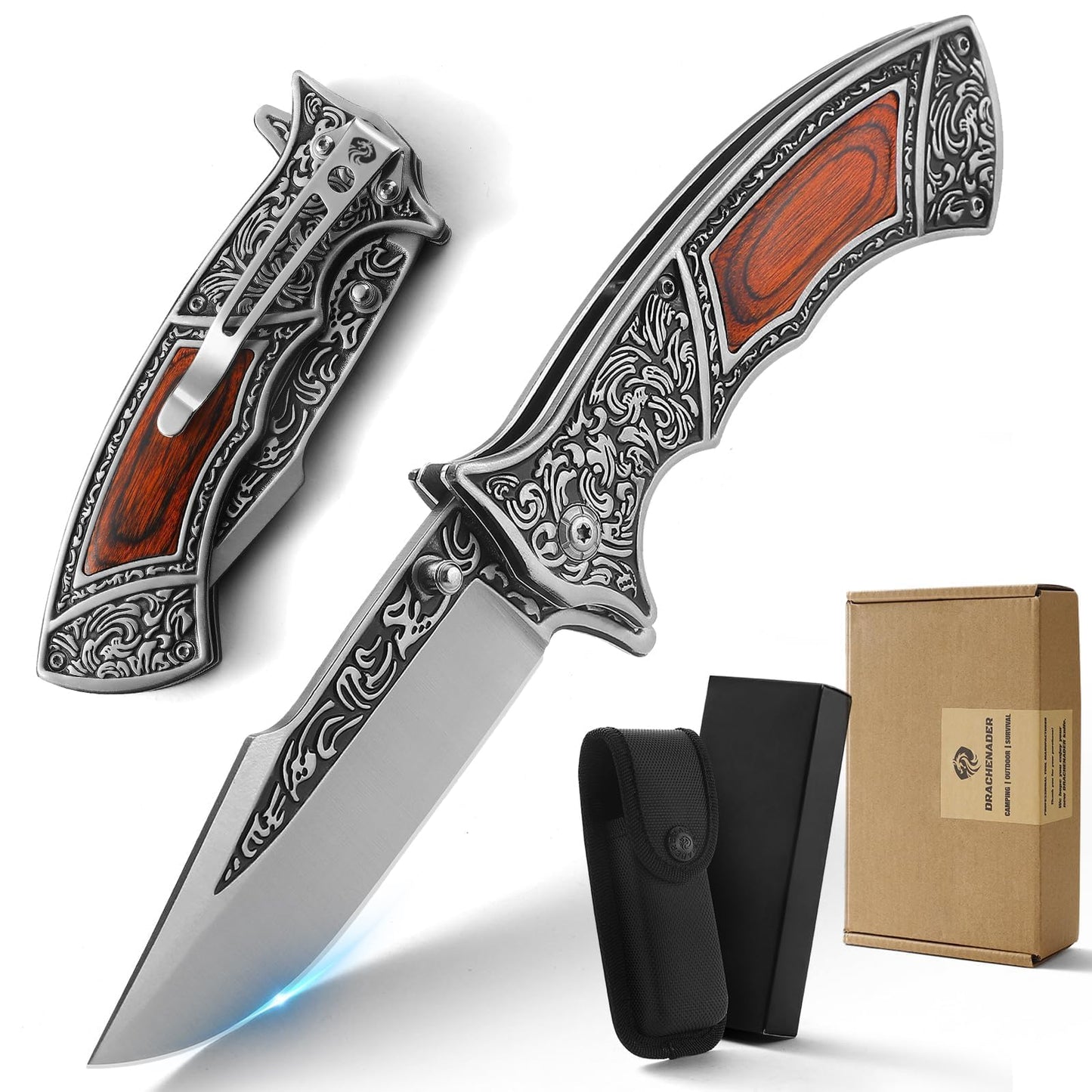 DRACHENADER Pocket Knife with Sheath and Clip, 440C Stainless Steel Folding Knife 3D Retro Embossed Pattern, Gifts Christmas, Birthday, Father's Day (D-J37)