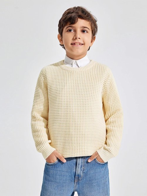 Haloumoning Boys Casual Pullover Sweater - Chunky Crewneck Waffle Knit Jumper for Ages 4-14