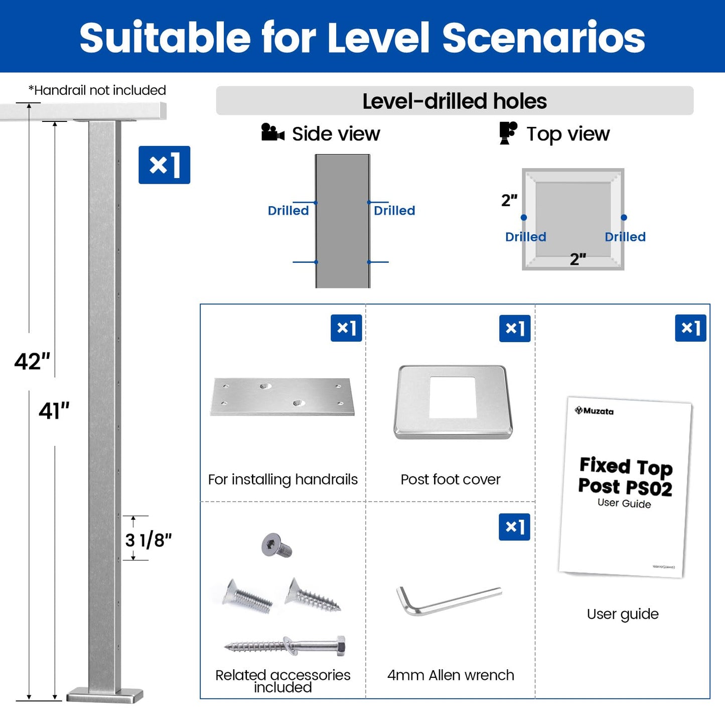 Muzata Cable Railing Post 42 Inch 42"x2"x2" Level Drilled Surface Mount Brushed T304 Stainless Steel Cable Railing System Kit Indoor Outdoor with Paper User Guide PS02 LH4L