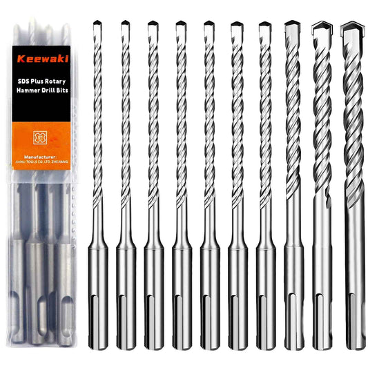 Keewaki SDS Plus Rotary Hammer Drill Bit Set - 10-Piece Includes 5/32" to 1/2" Sizes Concrete Masonry Drill Bits for Brick, Cement & Stone - Durable Alloy Tip, Fast Drilling
