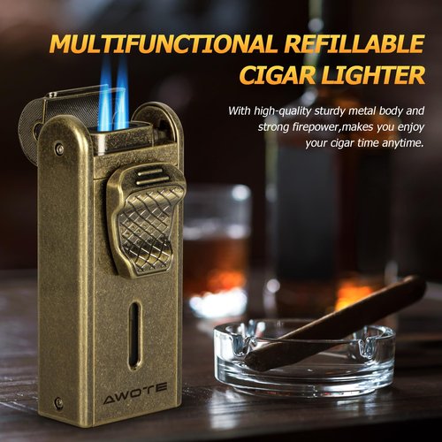 Torch Lighter with Adjustable Dual-Flame, Built-in Cigar Punch, Holder, Cutter, Windproof Refillable Butane Lighter for Smoking, Gift for Men