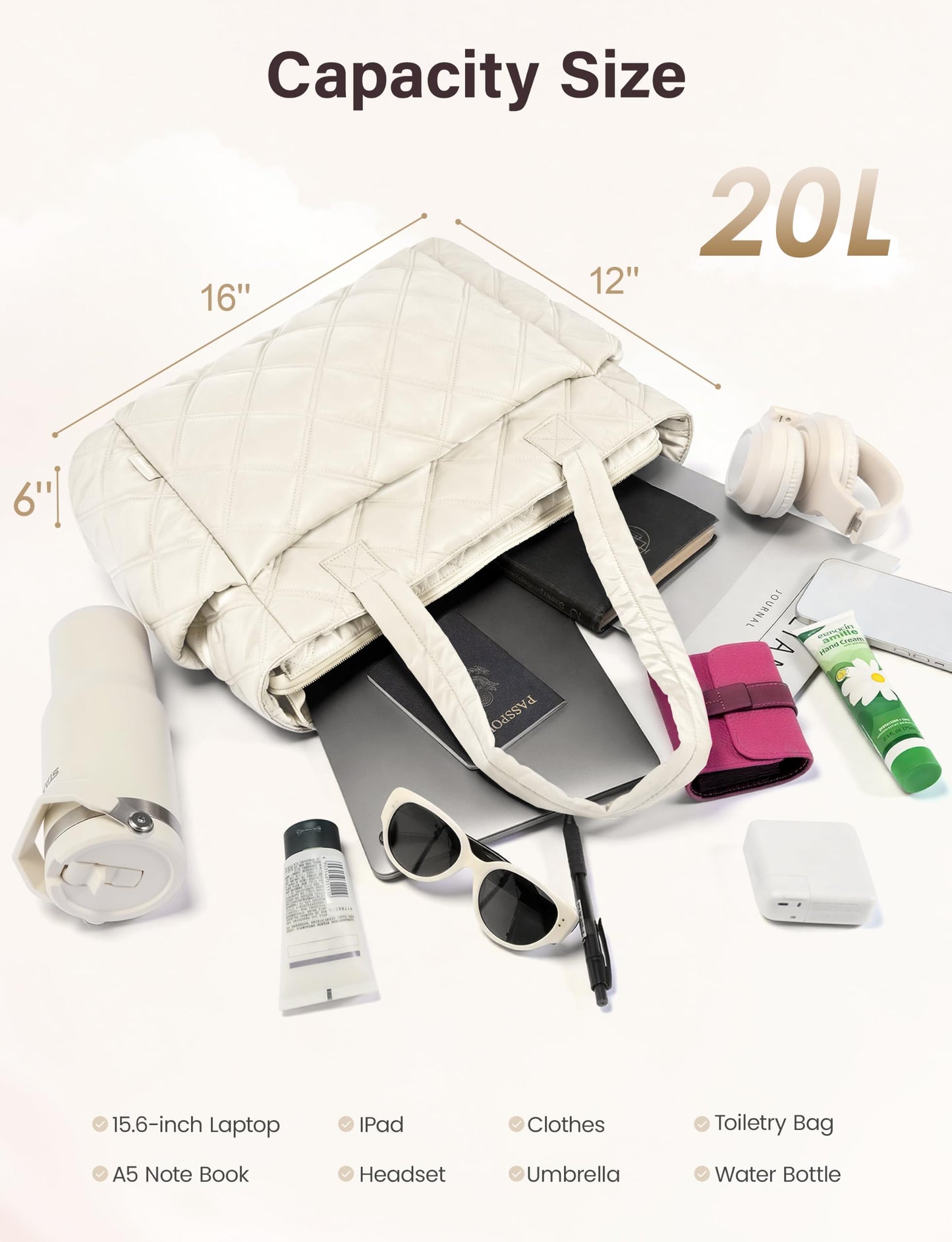 Uselike Tote Bag for Women, Lightweight Puffer Tote Work Bags with Compartments for Travel, Quilted Shoulder Bag with Zipper