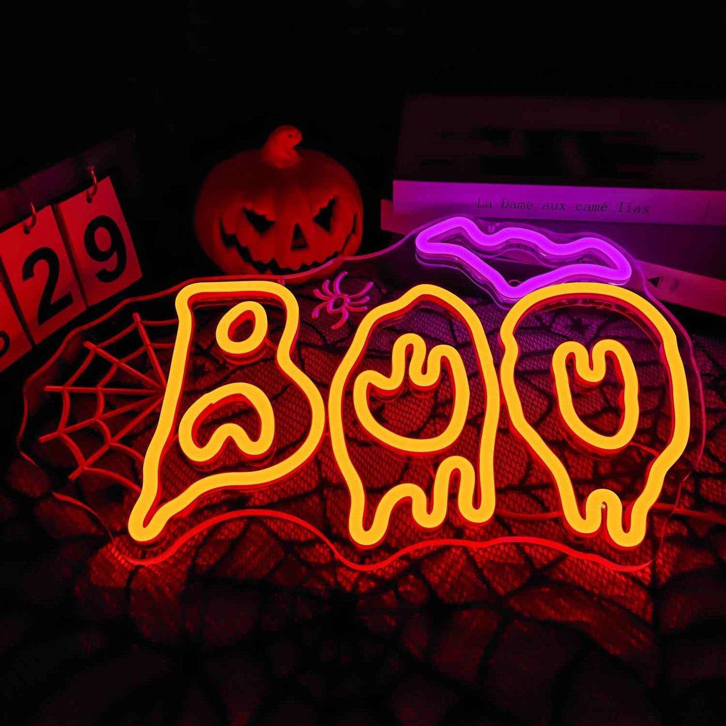 Ajoyferris Halloween Neon Sign Boo Bat Led Sign for Halloween Party Decorations Dimmable Boo Spider Web Neon Lights Spooky Neon Light Up Sign (Red)