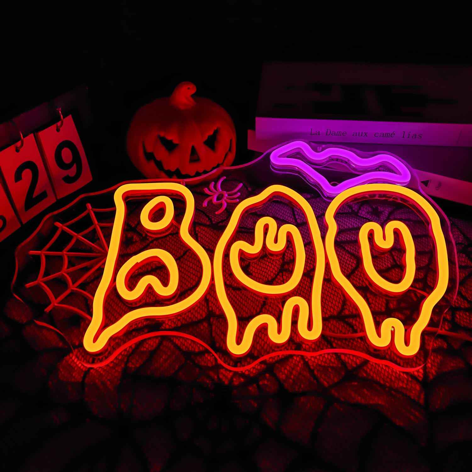 Ajoyferris Halloween Neon Sign Boo Bat Led Sign for Halloween Party Decorations Dimmable Boo Spider Web Neon Lights Spooky Neon Light Up Sign (Red)