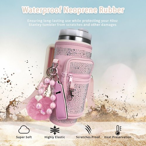 Water Bottle Carrier Bag for Stanley 30&40oz Tumbler - Stanley Cup Belt Bag with Adjustable Strap, Straw Cover & Pearl Bracelet - Thanksgiving Day and Christmas Day Gifts (Pink Diamond With Pocket)