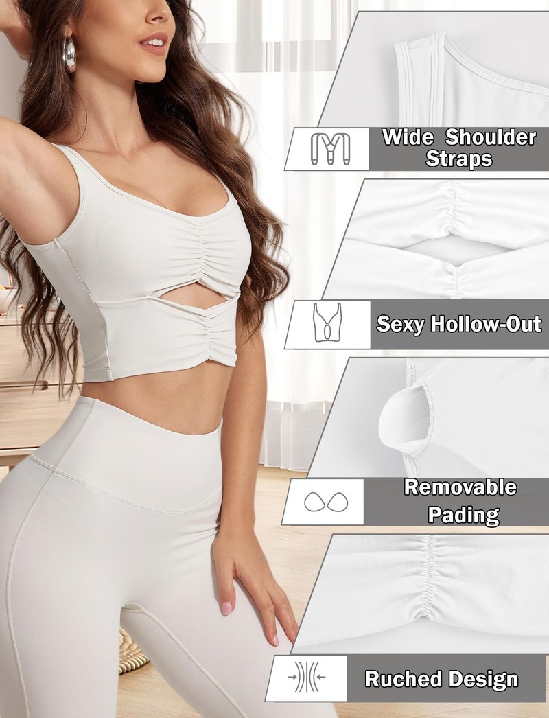 FEOYA Women’s Sleeveless Workout Crop Top Strappy Athletic Tank Top Yoga Gym Running Padded Sports Bra White XL