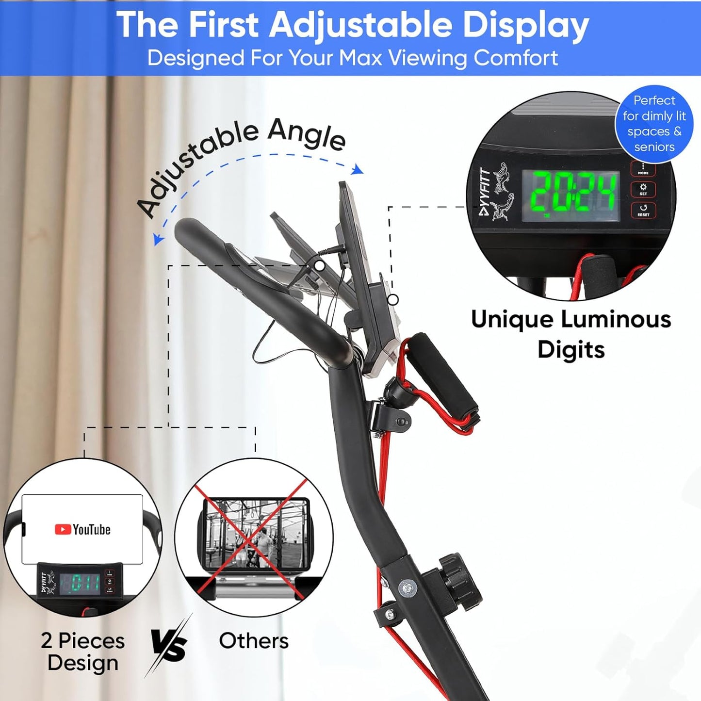 YYFITT 3-IN-1 Exercise Bike - Compact Folding Stationary Bike with Luminous Display | 16 Levels of Resistance, Backrest & Wider Seat