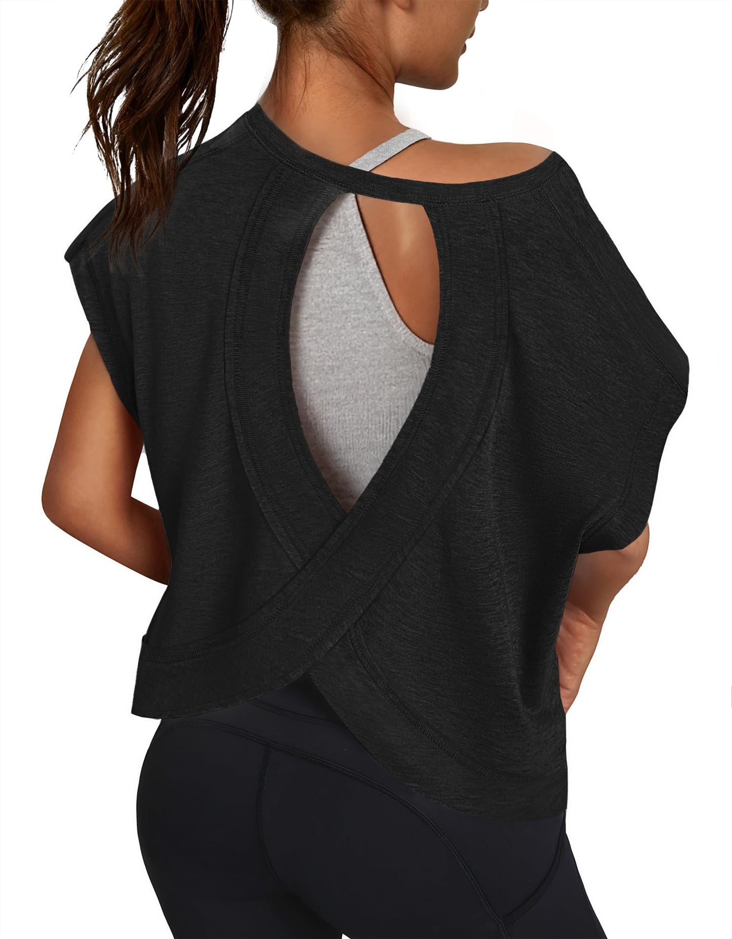 3rd hill Women Open Back Workout Shirts Short Sleeve Tops Casual Yoga Dupes Athletic Gym Running Crop Tees Black S
