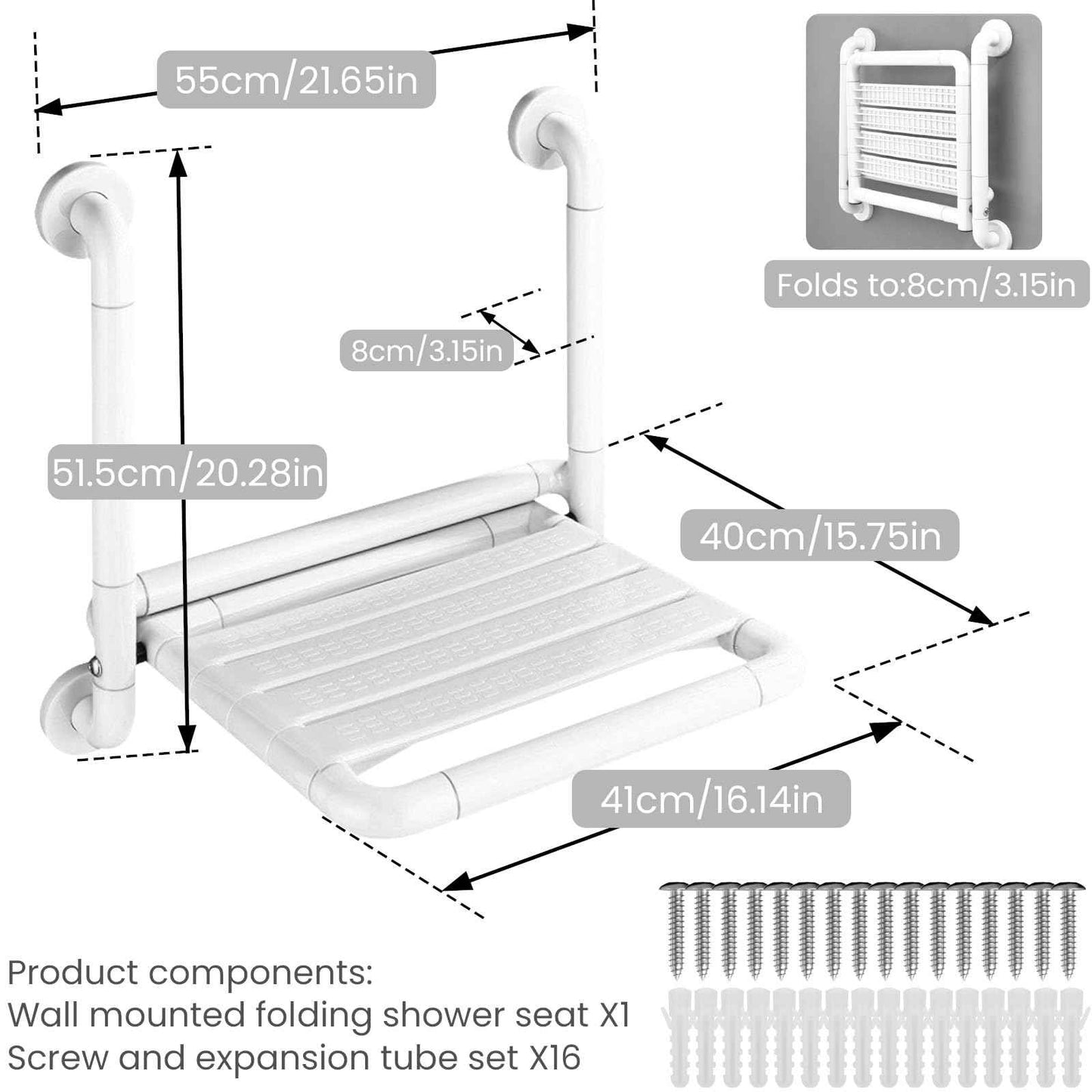 LELYFIT 16-Inch Wall Mounted Shower Seats with Armrests, Space-Saving Foldable Shower Bench for Small Bathrooms, Safety Wall-Mounted Foldable Shower Chair with Reflective Strips, Holds up to 330 lbs