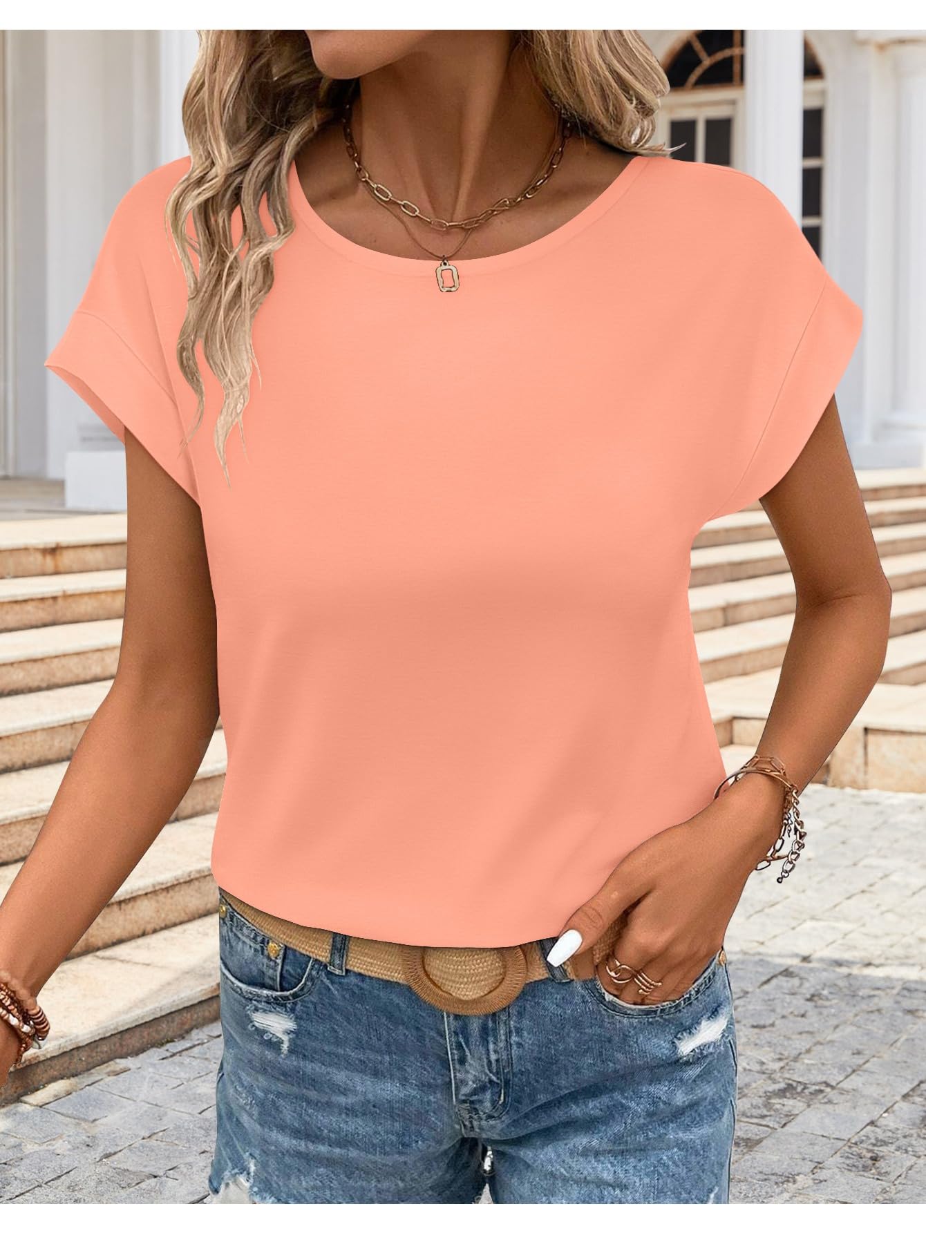 Womens T Shirts Spring Summer Tops Cap Sleeve Crew Neck Casual Business Dressy Blouses Beach Clothes Fashion Outfits Coral