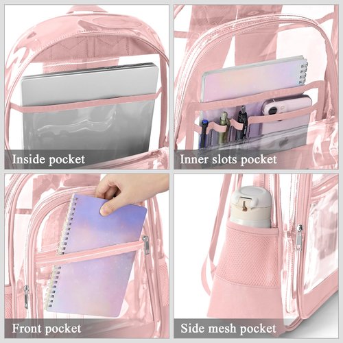 KIMNERPU Clear Backpack, Heavy Duty PVC Transparent Backpack with Reinforced Straps, See Through Multiple Pockets Large Capacity Bookbag for Concert Sport Event Work Security Travel Festival (Pink)